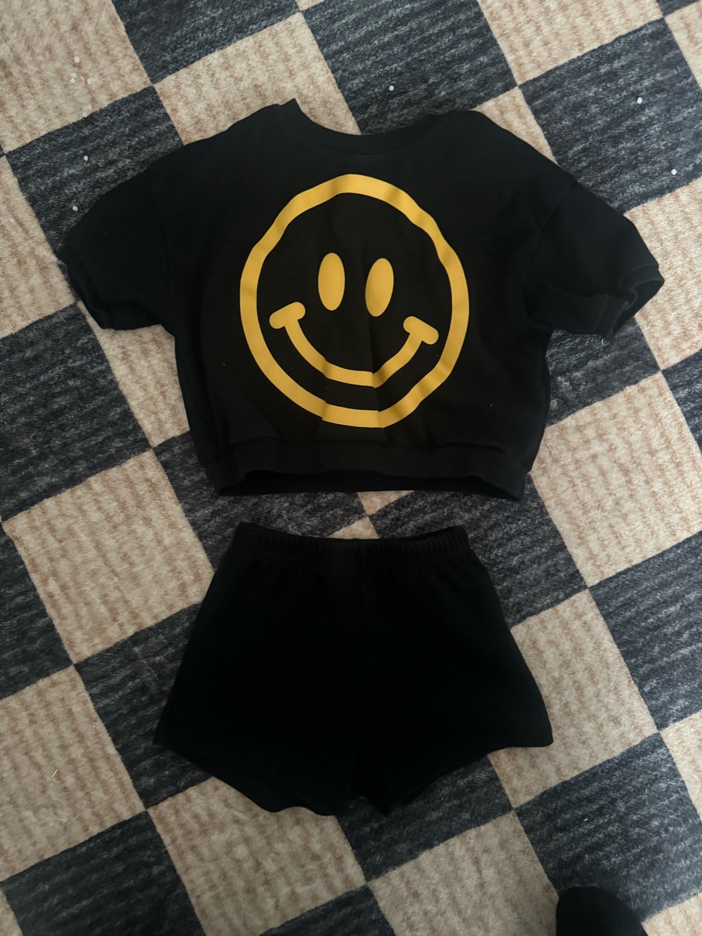 Little One Shop Black Smiley Face Short Set